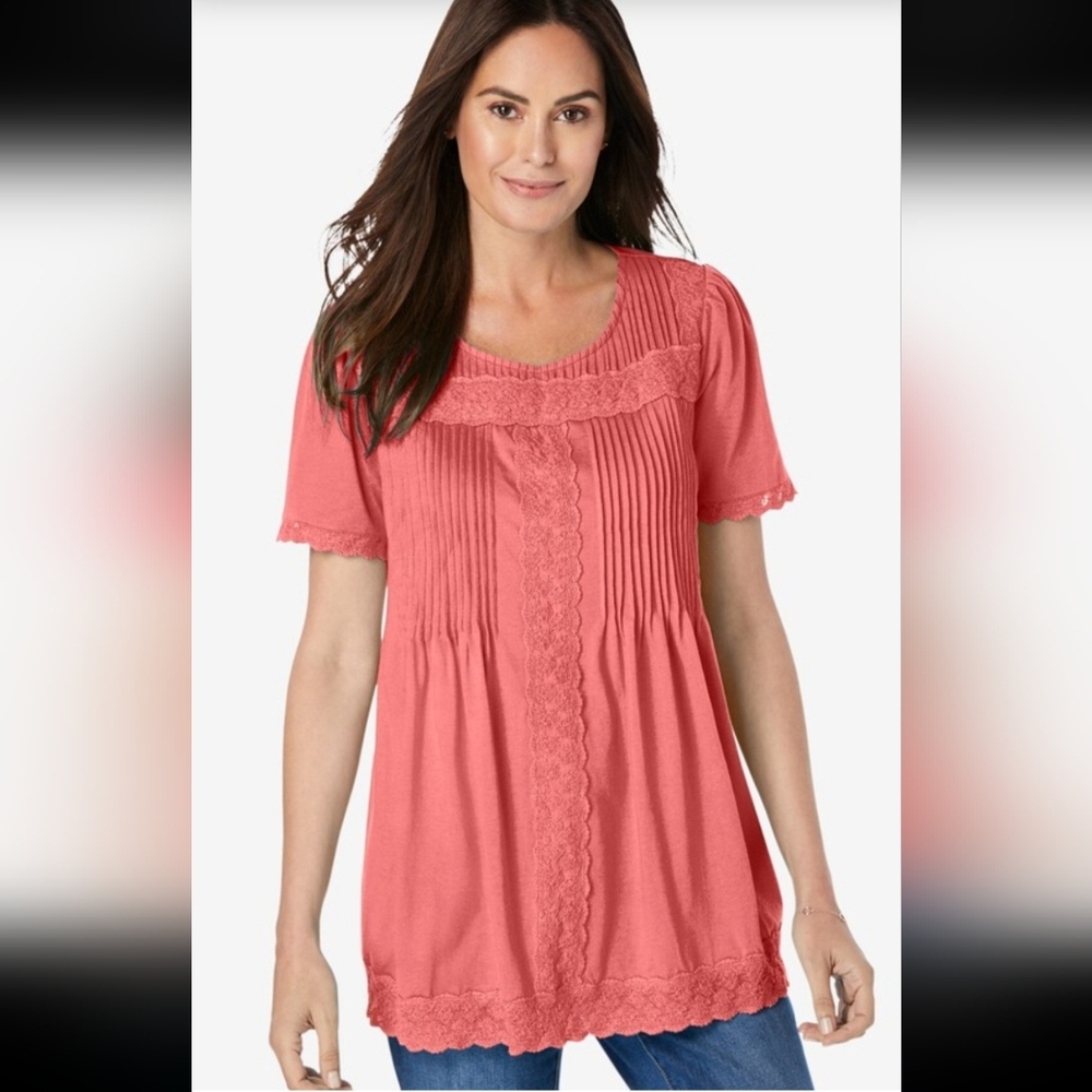 #297 Woman Within Lace Trimmed Pintucked Tunic Various colors.Sze.(26W-28W)